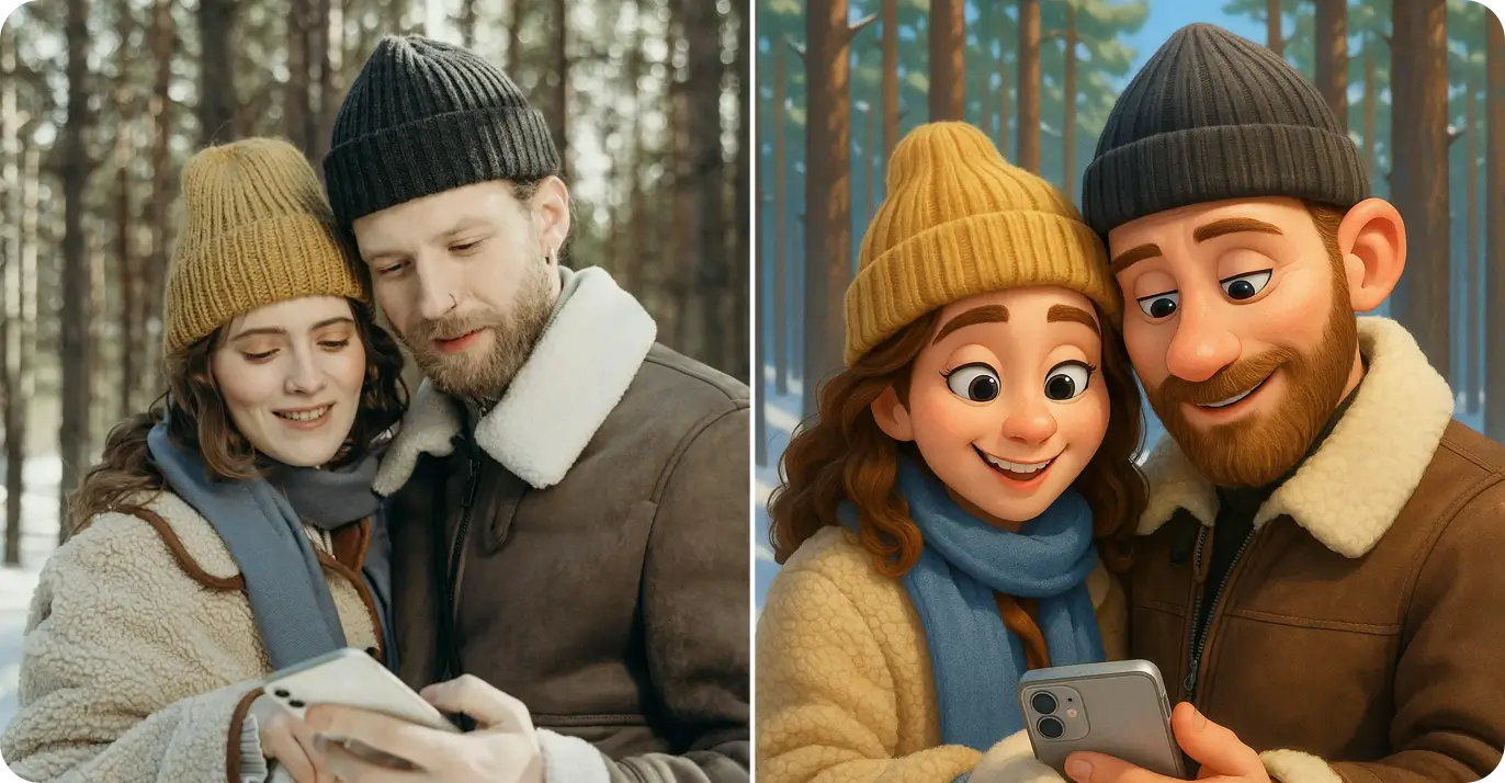 AI Pixar filter transformation - turn photo into Disney Pixar character - before